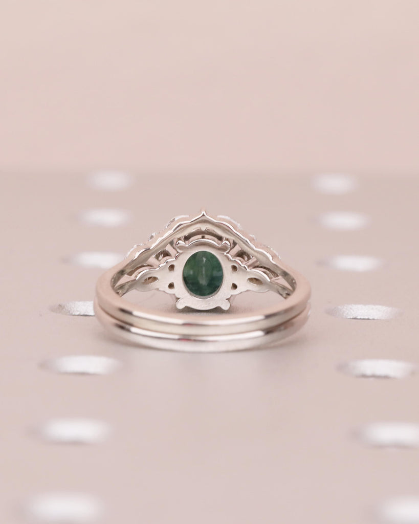 Oval Peacock Sapphire Ring Set, Vintage Engagement Ring with Diamond Accent image #7