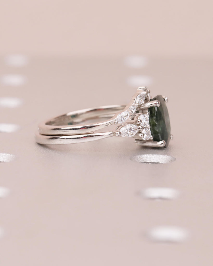 Oval Engagement Ring, 14k White Gold Ring Set, Moissanite Green Sapphire Ring, September Birthstone Jewelry, Personalized Statement Ring image #10