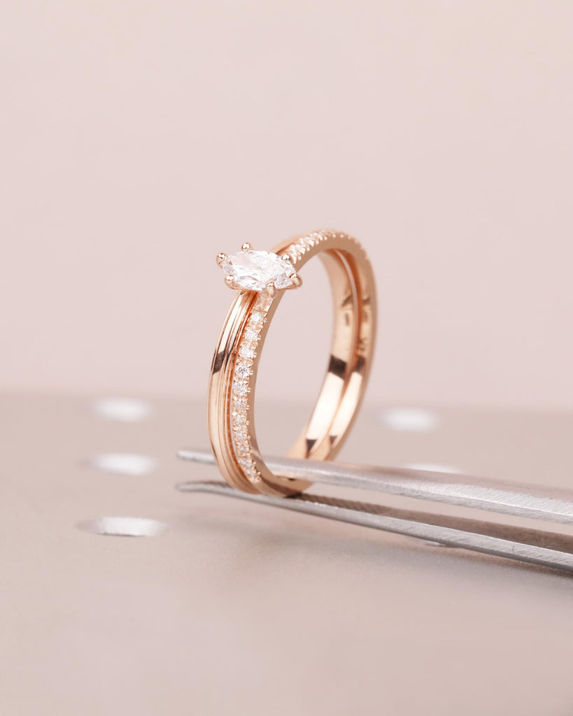 Unique Rose Gold Bridal Ring Set: Marquise Moissanite Engagement Ring, Thin Gold Wedding Band, Stackable Rings, Dainty Promise Ring Set image #1