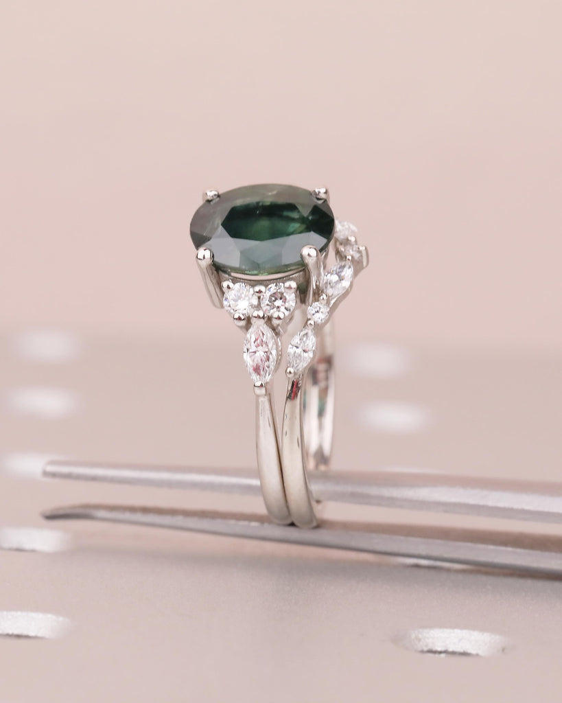 2ct Teal Sapphire Engagement Ring, Art Deco 14k Gold Bridal Set, Green Gemstone Ring image #15