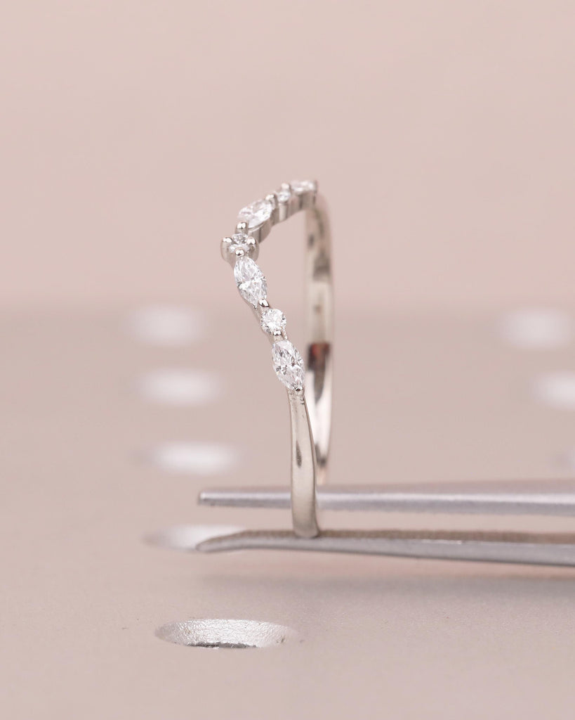 Diamond Wedding Band, Dainty 14k White Gold Stacking Ring, Round, Marquise Matching Ring, Women Wedding Band, Minimalist Bridal Jewelry image #7