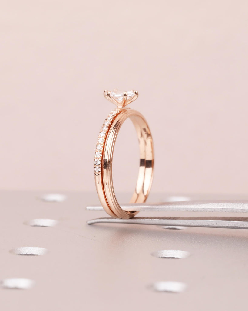 Rose Gold Wedding Ring Set, Lab Diamond Engagement Ring Set, Marquise Solitaire, Women's Wedding Band, Stacking Rings image #4
