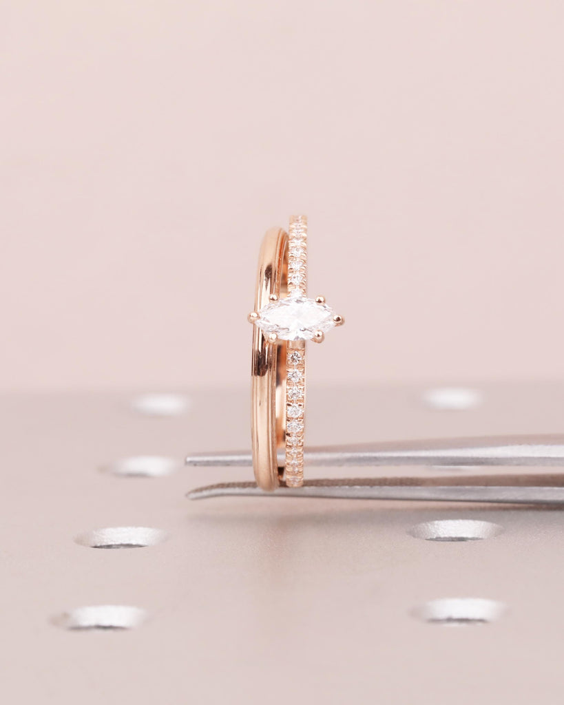 Rose Gold Wedding Ring Set, Lab Diamond Engagement Ring Set, Marquise Solitaire, Women's Wedding Band, Stacking Rings image #7