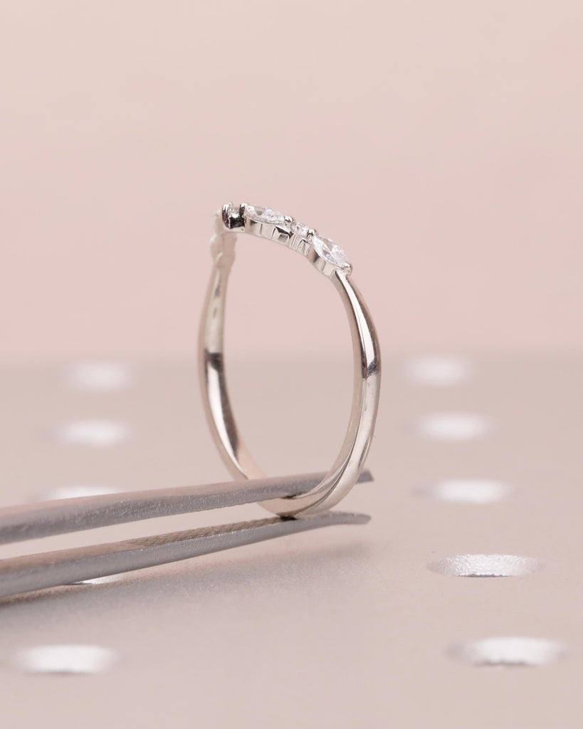 Diamond Wedding Band, Dainty 14k White Gold Stacking Ring, Round, Marquise Matching Ring, Women Wedding Band, Minimalist Bridal Jewelry image #9
