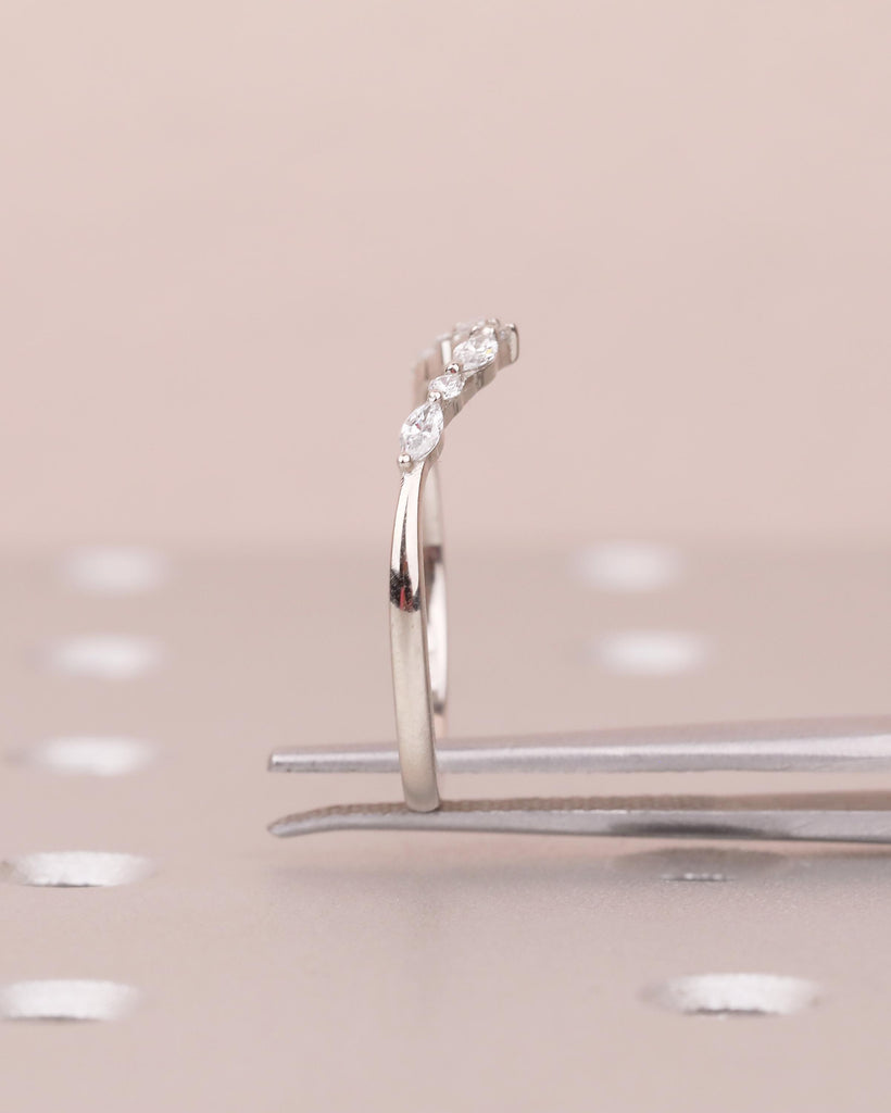 Diamond Wedding Band, Dainty 14k White Gold Stacking Ring, Round, Marquise Matching Ring, Women Wedding Band, Minimalist Bridal Jewelry image #11