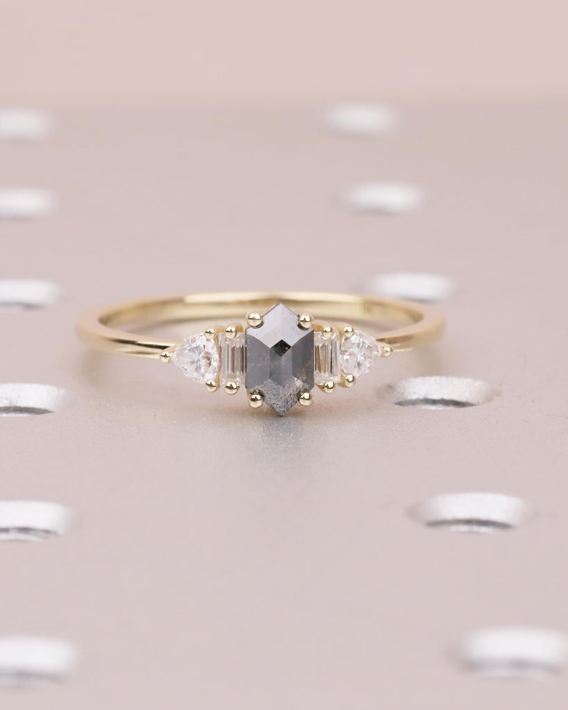 Hexagon Salt and Pepper Diamond Engagement Ring