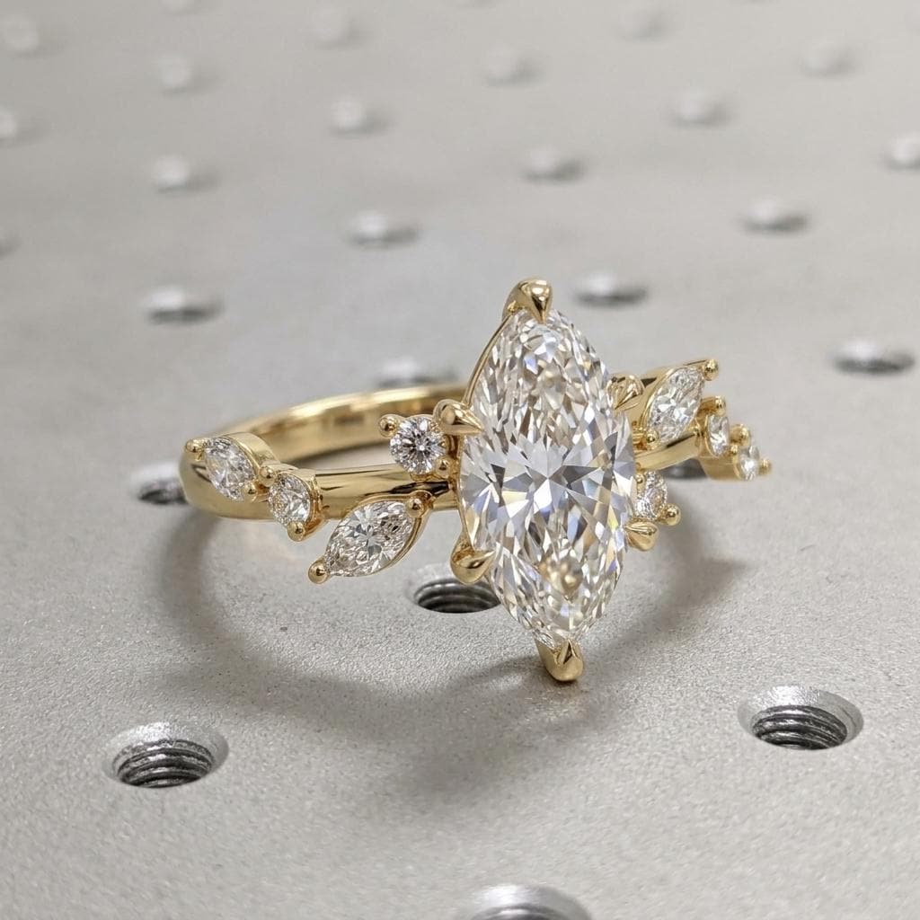 Marquise Moissanite Engagement Ring, Diamond Whisper Side Stone Unique Leaf Vine Wedding Band, Solid Yellow Gold Cluster Bridal Ring For Her