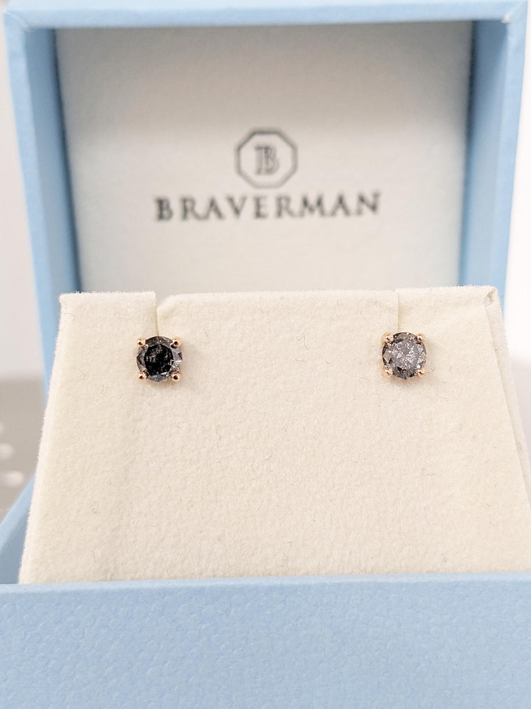 Round Salt and Pepper Diamond Earring, Dainty 14k Rose Gold Stud Earring for Her, Vintage Jewelry, Minimalist Handmade Earrings for Women image #5