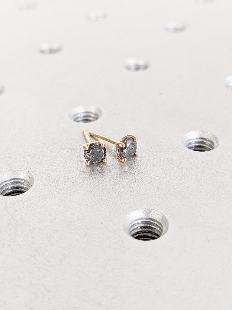Round Salt and Pepper Diamond Earring, Dainty 14k Rose Gold Stud Earring for Her, Vintage Jewelry, Minimalist Handmade Earrings for Women image #8