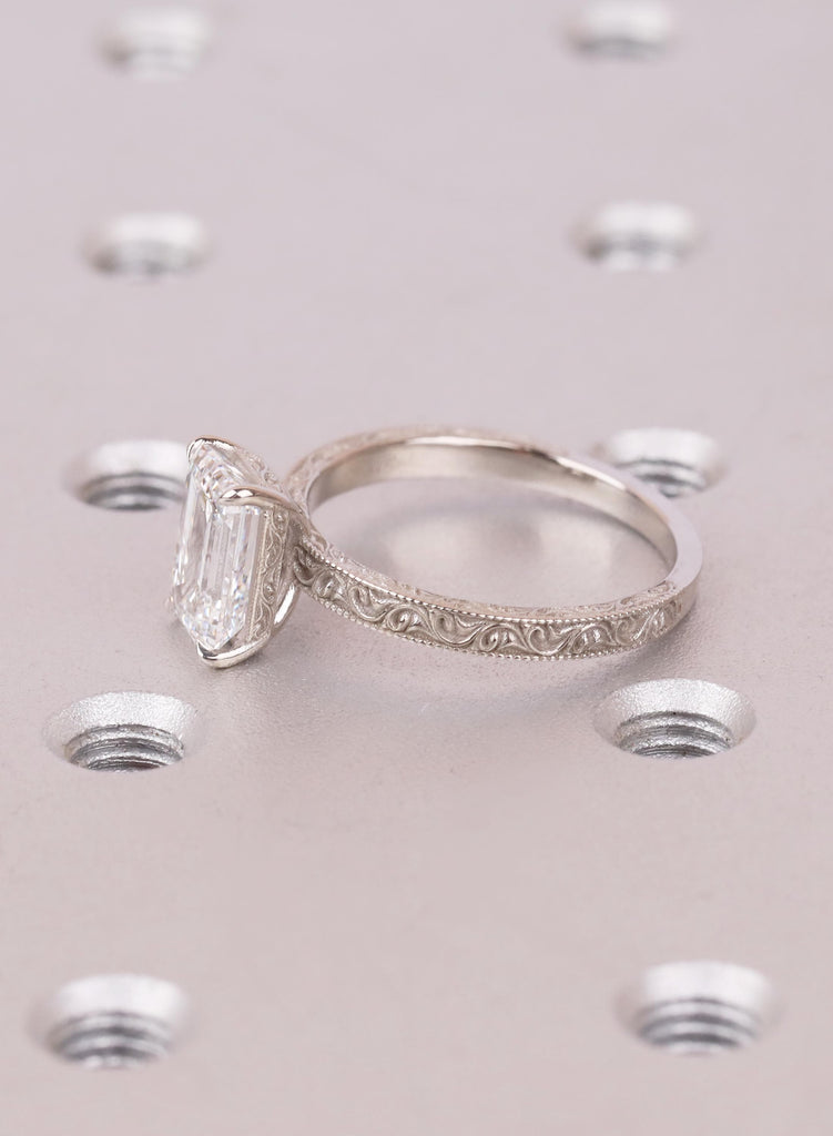 East West Emerald Cut Engagement Ring, Vintage Filigree White Gold Ring, Art Deco Lab Grown Diamond Anniversary Ring, Antique Ring for Her image #6