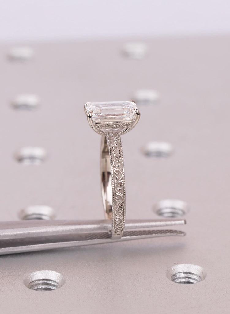 East West Emerald Cut Engagement Ring, Vintage Filigree White Gold Ring, Art Deco Lab Grown Diamond Anniversary Ring, Antique Ring for Her image #11
