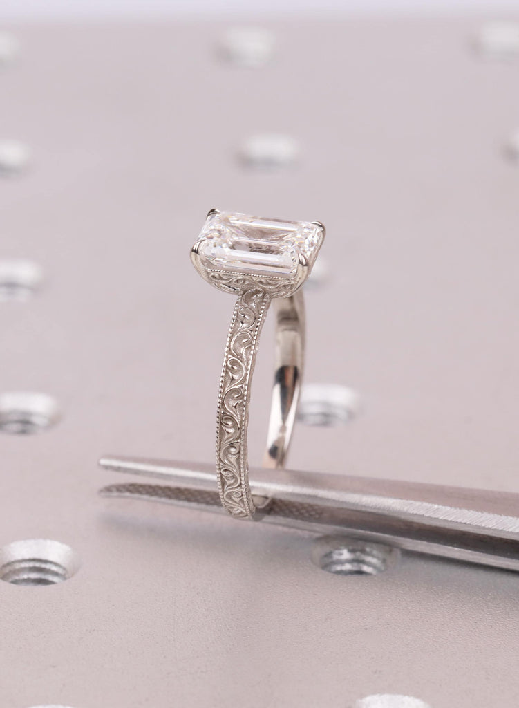East West Emerald Cut Engagement Ring, Vintage Filigree White Gold Ring, Art Deco Lab Grown Diamond Anniversary Ring, Antique Ring for Her image #9