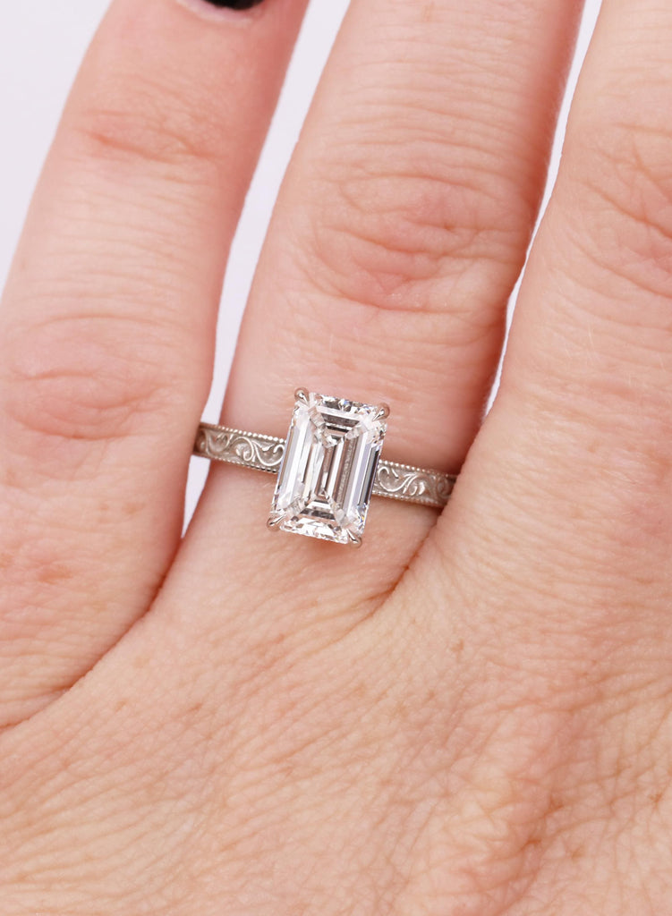 East West Emerald Cut Engagement Ring, Vintage Filigree White Gold Ring, Art Deco Lab Grown Diamond Anniversary Ring, Antique Ring for Her image #12