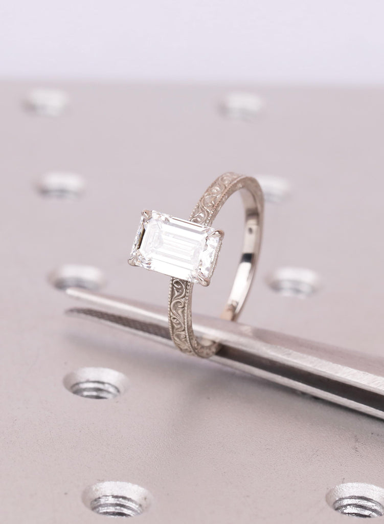 Art Deco Gold Moissanite Ring: Emerald Cut Bridal 14K Gold Engagement Ring, Filigree Wedding Band image #6