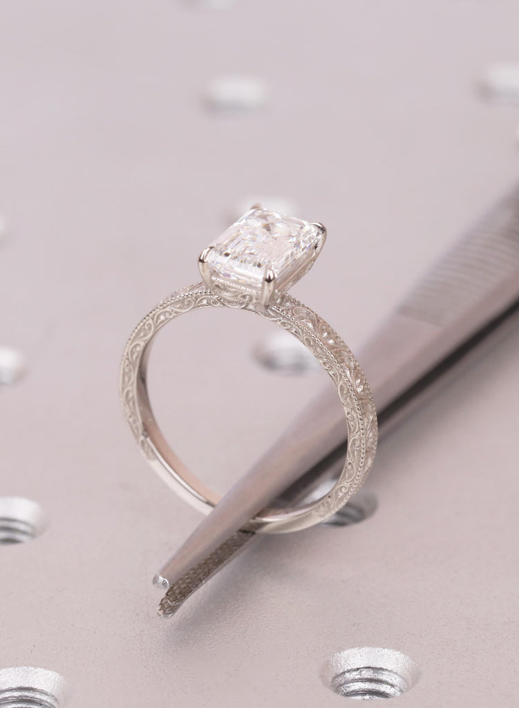 Art Deco Gold Moissanite Ring: Emerald Cut Bridal 14K Gold Engagement Ring, Filigree Wedding Band image #11