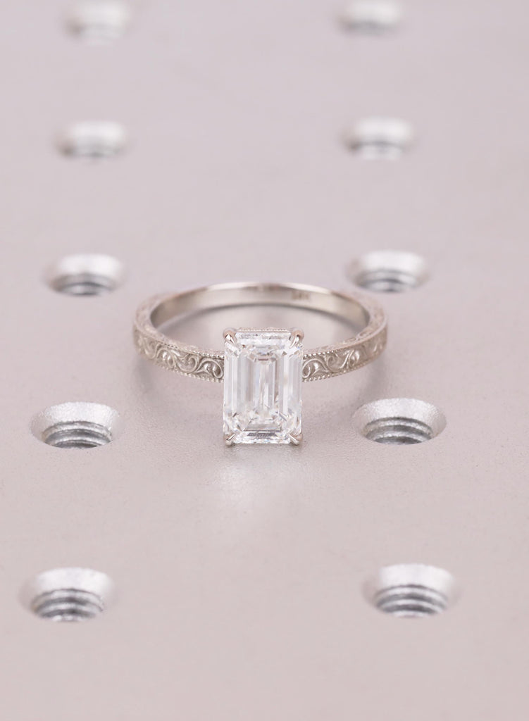Art Deco Gold Moissanite Ring: Emerald Cut Bridal 14K Gold Engagement Ring, Filigree Wedding Band image #2