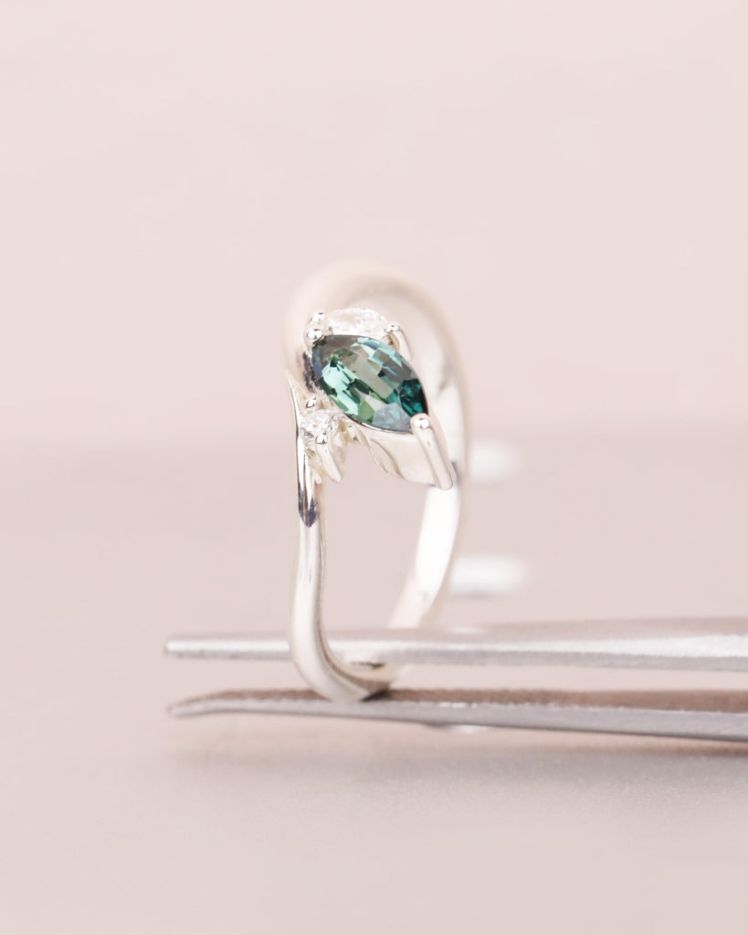 Marquise Teal Sapphire Engagement Ring in 925 Sterling Silver, 0.5ct Peacock Sapphire Promise Ring, Diamond/Moissanite Accents, Tapered Band image #4