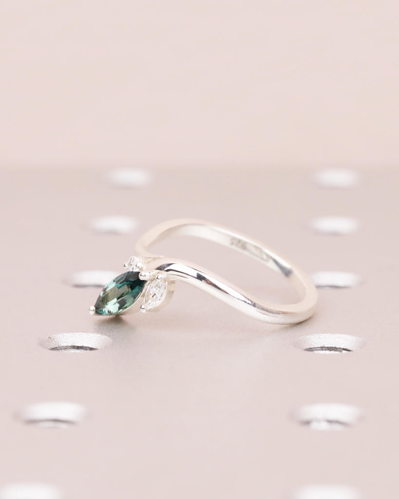 Blue Green Teal Sapphire Marquise Engagement Ring, Sterling Silver Bridal Ring, Diamond Accents, Minimalist Promise Ring, Daily Ring for Her image #4