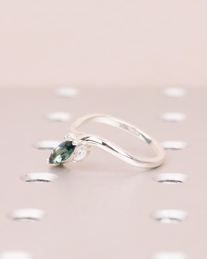 Marquise Teal Sapphire Engagement Ring in 925 Sterling Silver, 0.5ct Peacock Sapphire Promise Ring, Diamond/Moissanite Accents, Tapered Band image #3