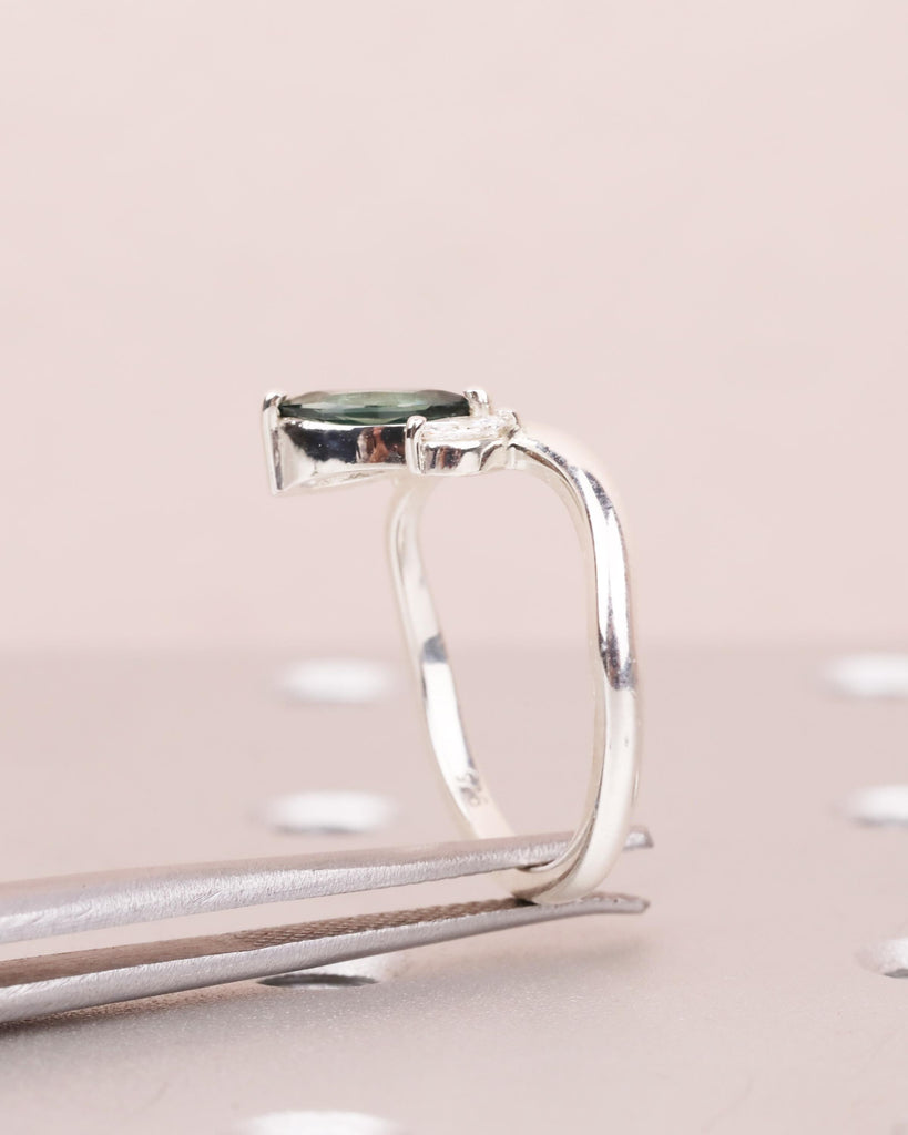 Blue Green Teal Sapphire Marquise Engagement Ring, Sterling Silver Bridal Ring, Diamond Accents, Minimalist Promise Ring, Daily Ring for Her image #10