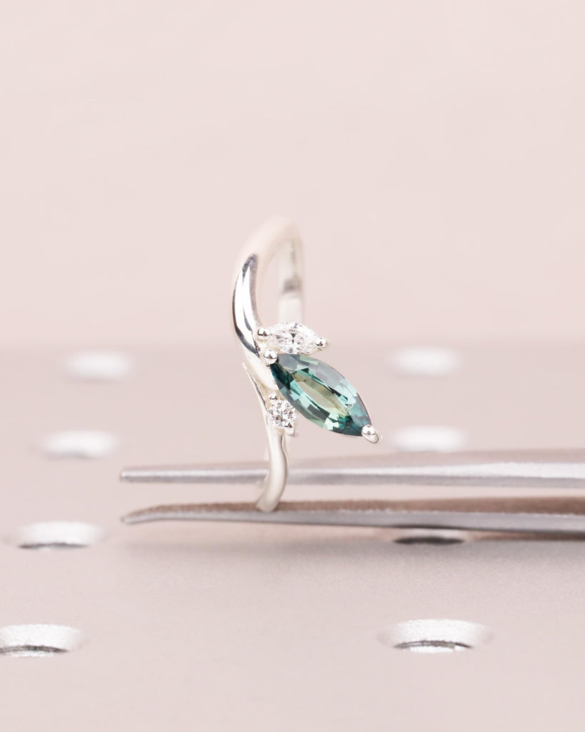 Marquise Teal Sapphire Engagement Ring in 925 Sterling Silver, 0.5ct Peacock Sapphire Promise Ring, Diamond/Moissanite Accents, Tapered Band image #5