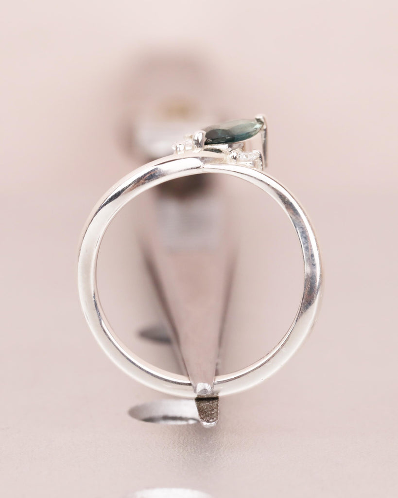 Marquise Teal Sapphire Engagement Ring in 925 Sterling Silver, 0.5ct Peacock Sapphire Promise Ring, Diamond/Moissanite Accents, Tapered Band image #9
