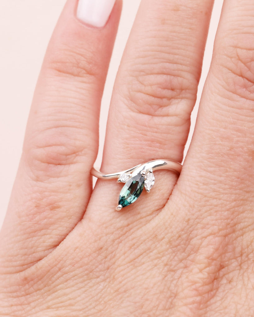 Blue Green Teal Sapphire Marquise Engagement Ring, Sterling Silver Bridal Ring, Diamond Accents, Minimalist Promise Ring, Daily Ring for Her image #2