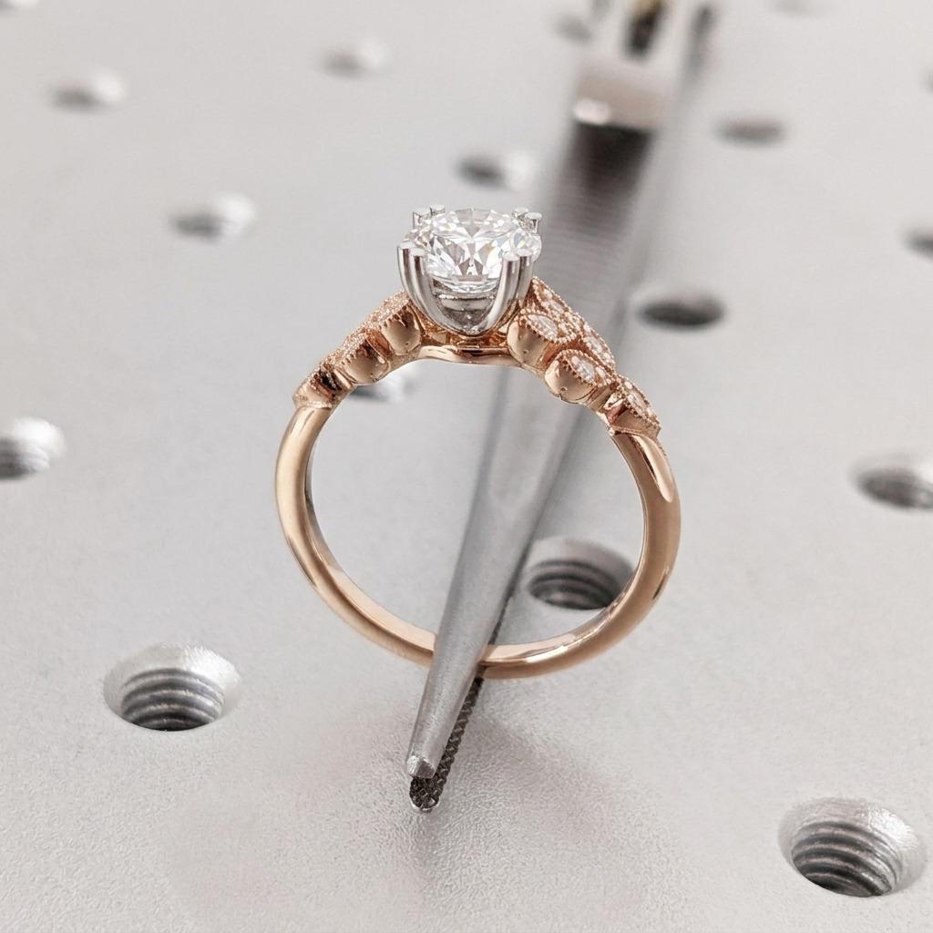 Victorian Two Tone Engagement Ring, Round Lab Grown Diamond set in Double Prongs, 14k Solid Gold, Art Deco Milgrain Bridal Ring image #6