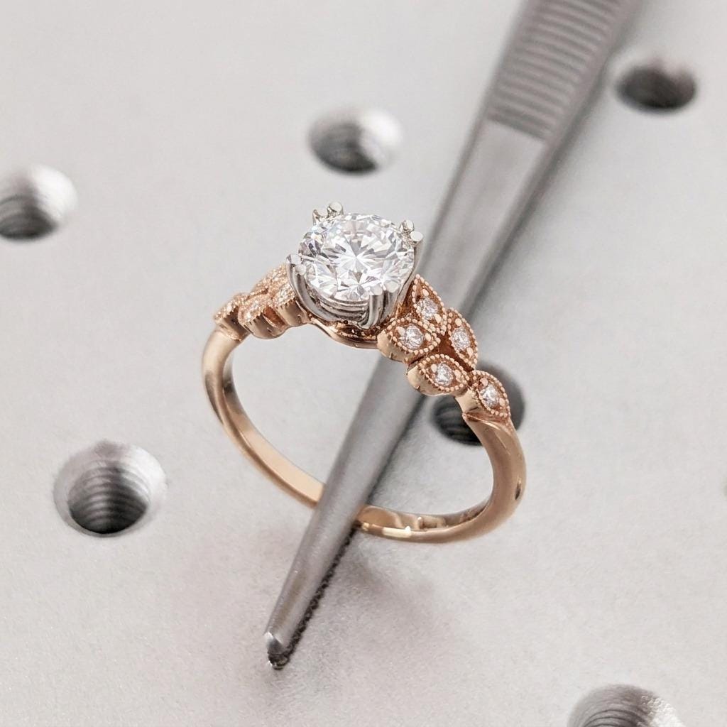 Victorian Two Tone Engagement Ring, Round Lab Grown Diamond set in Double Prongs, 14k Solid Gold, Art Deco Milgrain Bridal Ring image #5