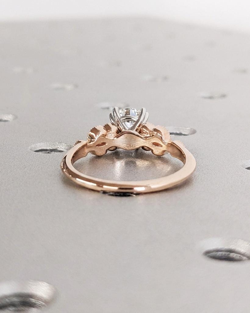 Victorian Two Tone Engagement Ring, Round Lab Grown Diamond set in Double Prongs, 14k Solid Gold, Art Deco Milgrain Bridal Ring image #7