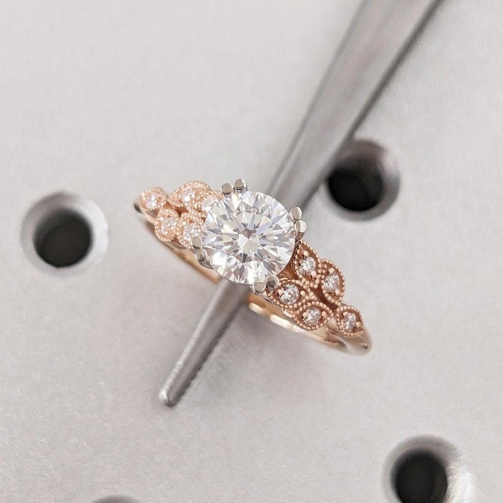 Victorian Two Tone Engagement Ring, Round Lab Grown Diamond set in Double Prongs, 14k Solid Gold, Art Deco Milgrain Bridal Ring image #4
