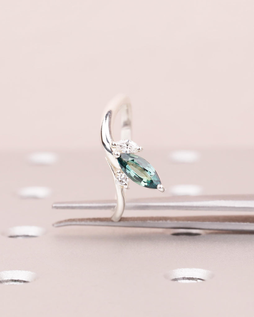 Blue Green Teal Sapphire Marquise Engagement Ring, Sterling Silver Bridal Ring, Diamond Accents, Minimalist Promise Ring, Daily Ring for Her
