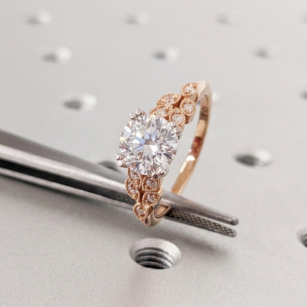 Victorian Two Tone Engagement Ring, Round Lab Grown Diamond set in Double Prongs, 14k Solid Gold, Art Deco Milgrain Bridal Ring image #1
