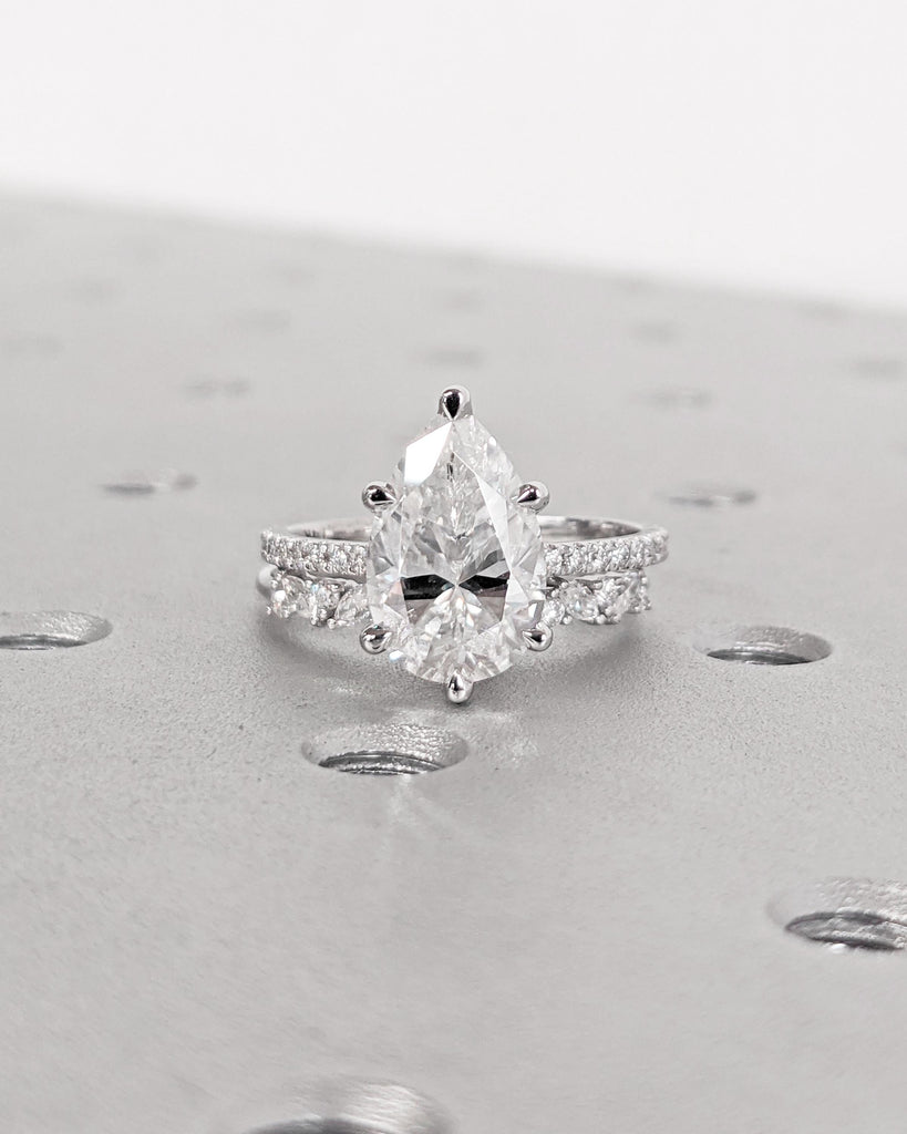 Pear Lab Grown Diamond Engagement Ring Set, 14K Gold Hidden Halo Ring Set, Alternating Round Marquise Curved Wedding Band, Dainty Bridal Set image #2