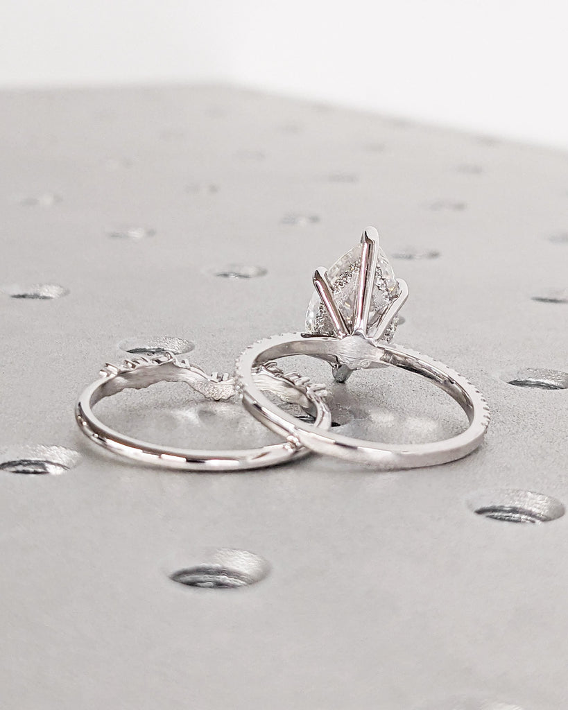 Pear Lab Grown Diamond Engagement Ring Set, 14K Gold Hidden Halo Ring Set, Alternating Round Marquise Curved Wedding Band, Dainty Bridal Set image #10