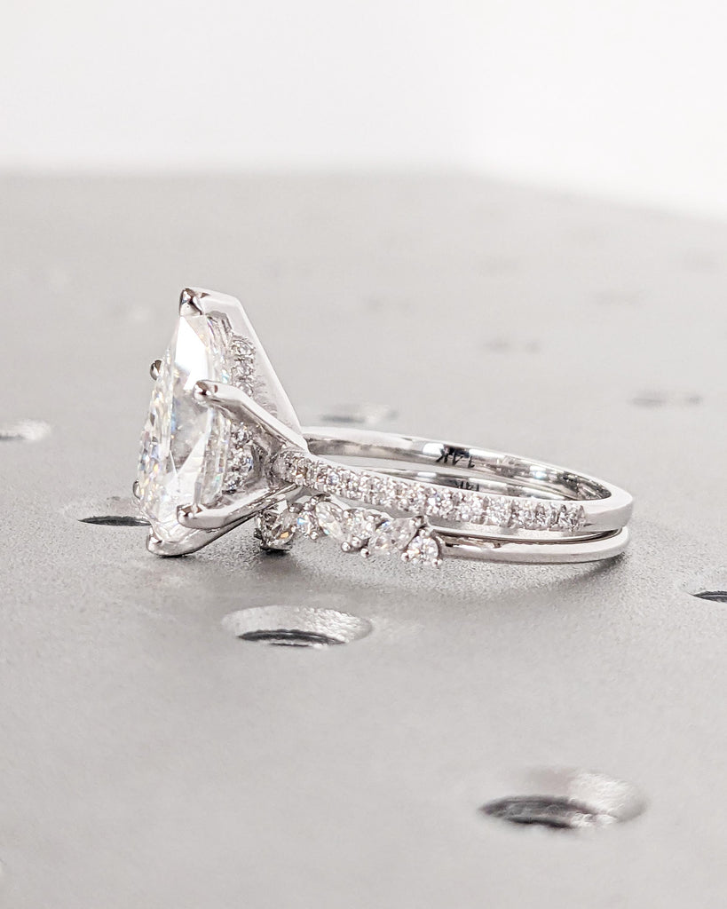 Pear Lab Grown Diamond Engagement Ring Set, 14K Gold Hidden Halo Ring Set, Alternating Round Marquise Curved Wedding Band, Dainty Bridal Set image #9