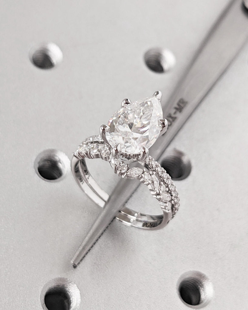 Pear Lab Grown Diamond Engagement Ring Set, 14K Gold Hidden Halo Ring Set, Alternating Round Marquise Curved Wedding Band, Dainty Bridal Set image #5