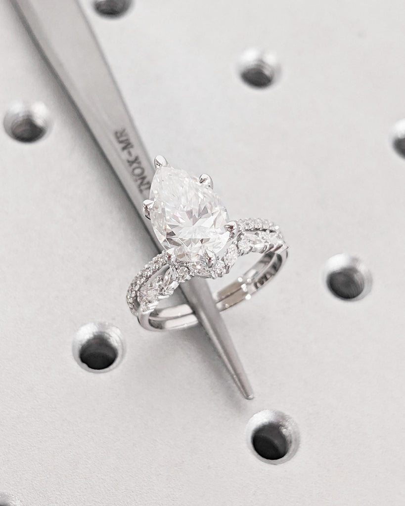 Pear Lab Grown Diamond Engagement Ring Set, 14K Gold Hidden Halo Ring Set, Alternating Round Marquise Curved Wedding Band, Dainty Bridal Set image #4
