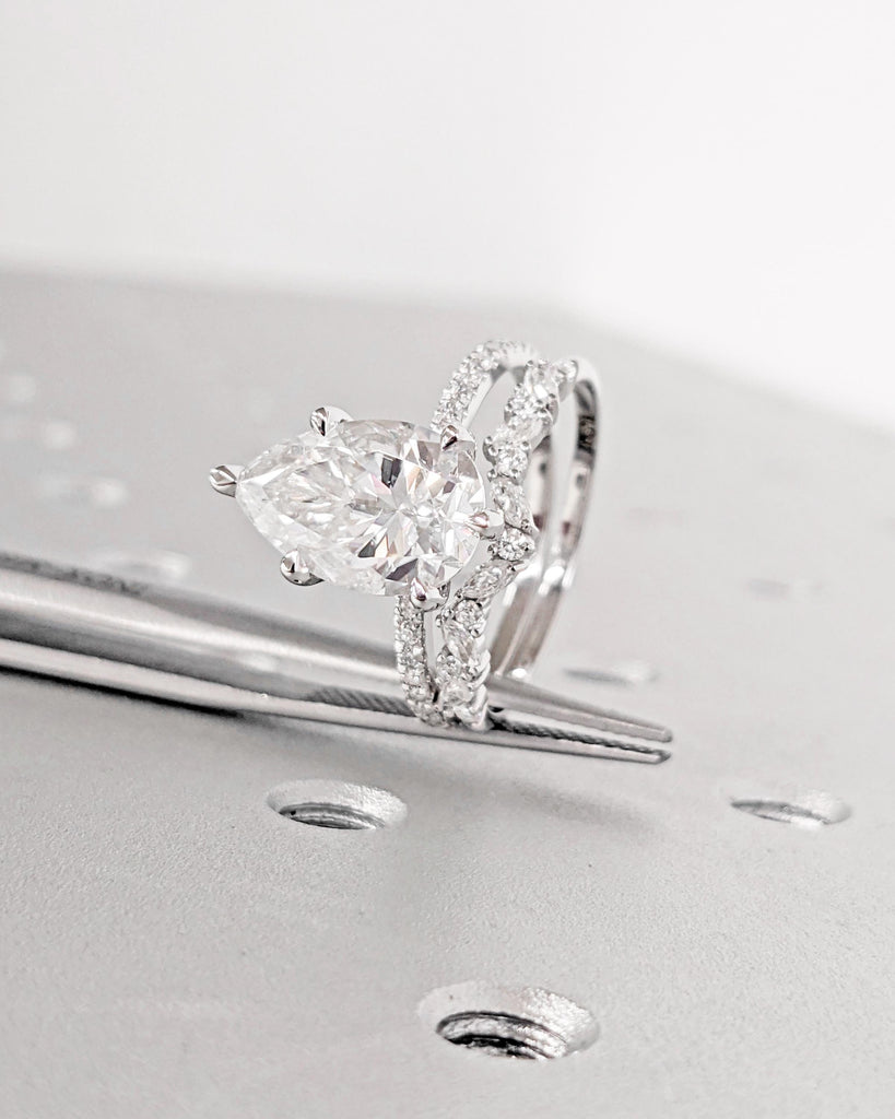 Pear Lab Grown Diamond Engagement Ring Set, 14K Gold Hidden Halo Ring Set, Alternating Round Marquise Curved Wedding Band, Dainty Bridal Set image #7