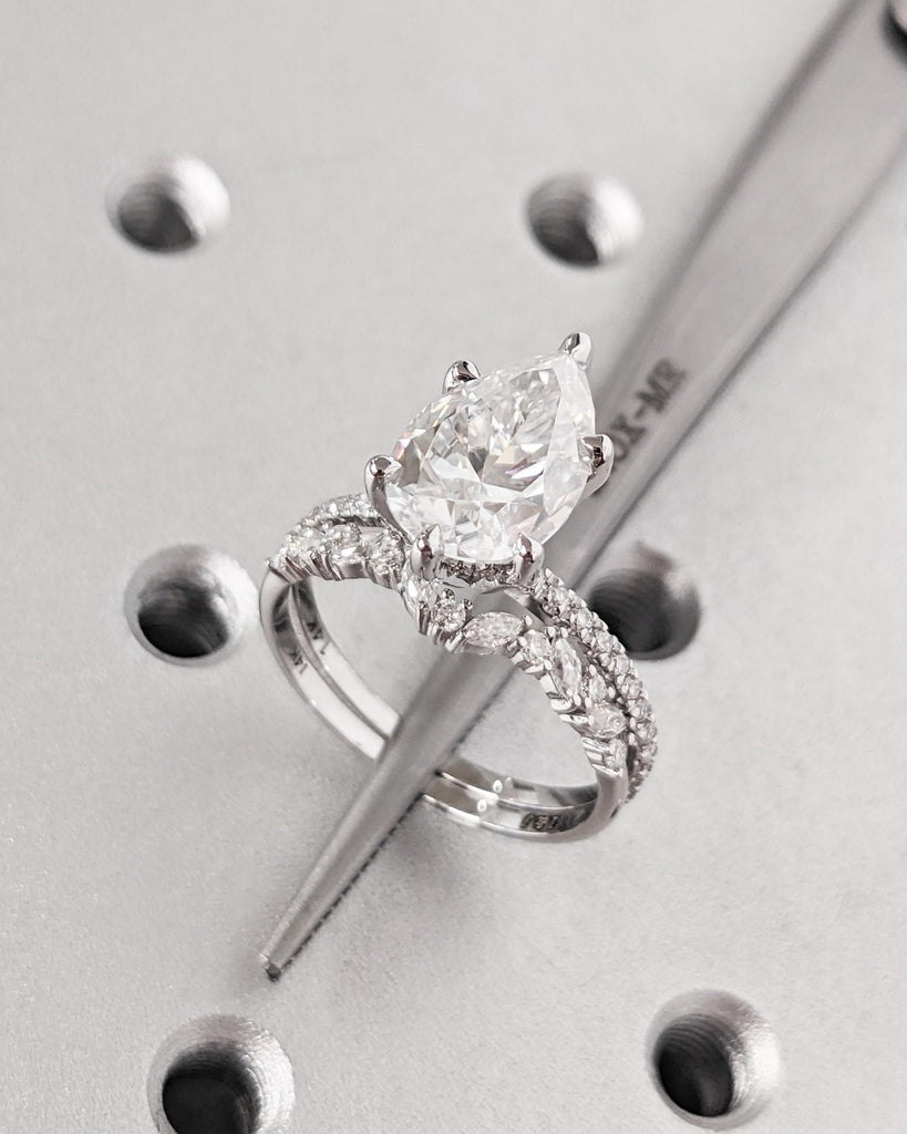 Pear Moissanite Engagement Ring Set | 14K Gold Hidden Halo Ring Set | Alternating Round Marquise Curved Wedding Band | Stackable Bridal Set image #5