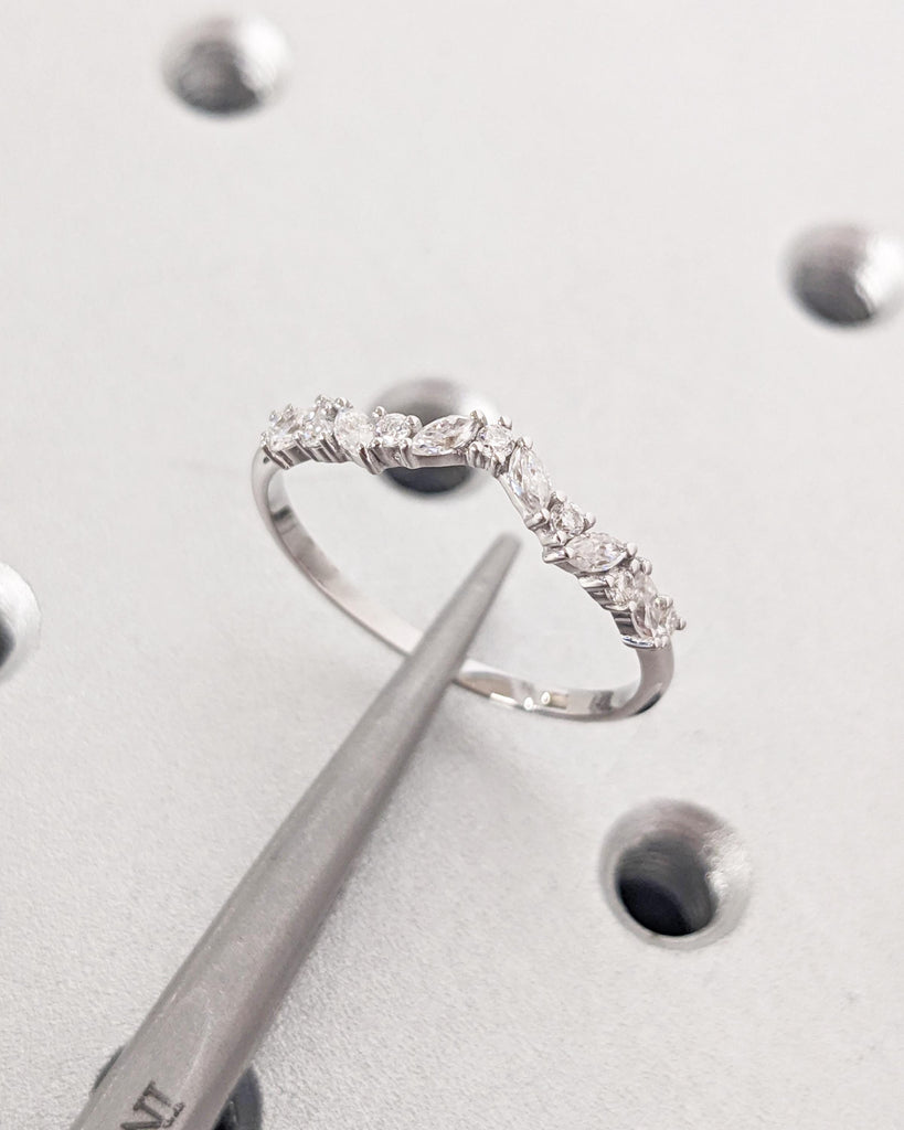 14K White Gold Half Eternity Curved Wedding Band | Alternating Marquise Round Diamond, Lab Grown Diamond or Moissanite | Unique Women's Ring image #8
