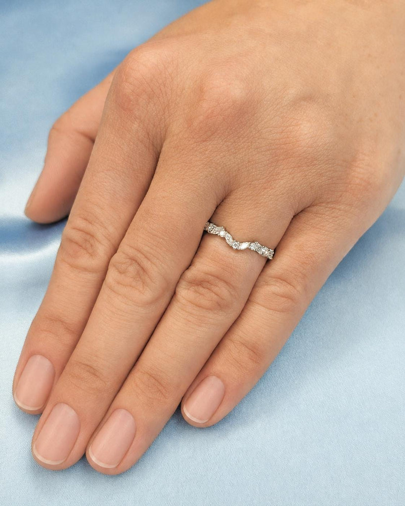 14K White Gold Half Eternity Curved Wedding Band | Alternating Marquise Round Diamond, Lab Grown Diamond or Moissanite | Unique Women's Ring image #2