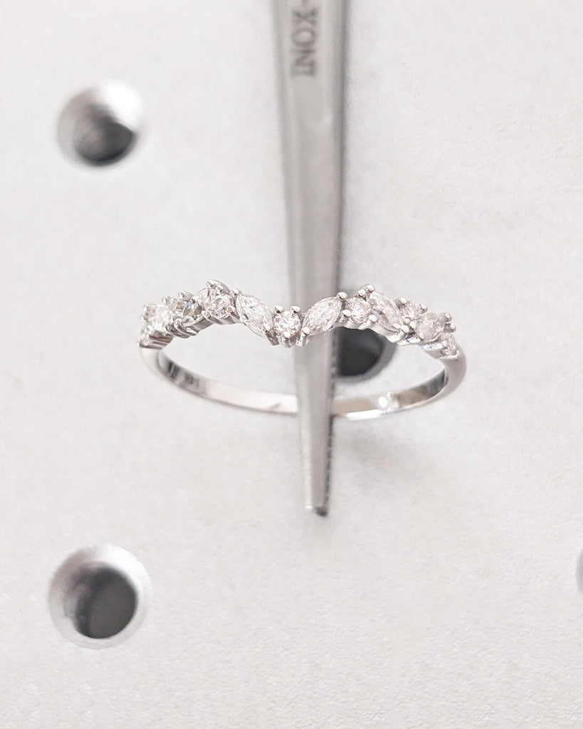 14K White Gold Half Eternity Curved Wedding Band | Alternating Marquise Round Diamond, Lab Grown Diamond or Moissanite | Unique Women's Ring image #6