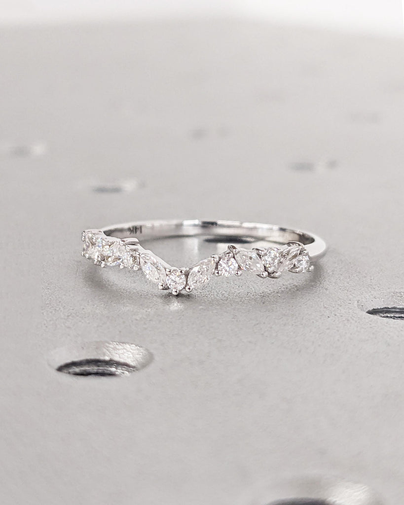 Alternating Marquise Round Diamond Ring, 14K Solid Gold Marquise Diamond Wedding Ring, Half Eternity Band, Notched Wedding Band, Unique Ring