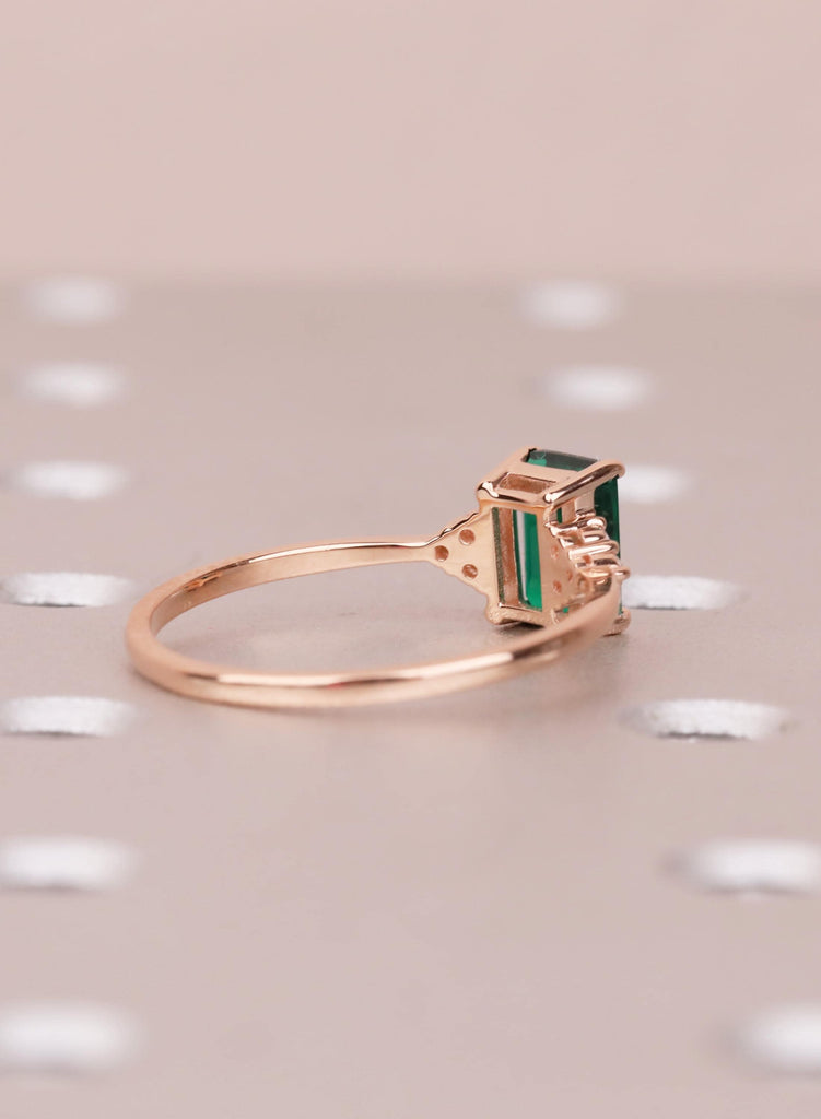 Emerald Cut Lab Created Emerald Ring, 14K 18K Rose Gold, Dainty Engagement Ring, May Birthstone Gift for Her, Diamond Accent Promise Ring image #5