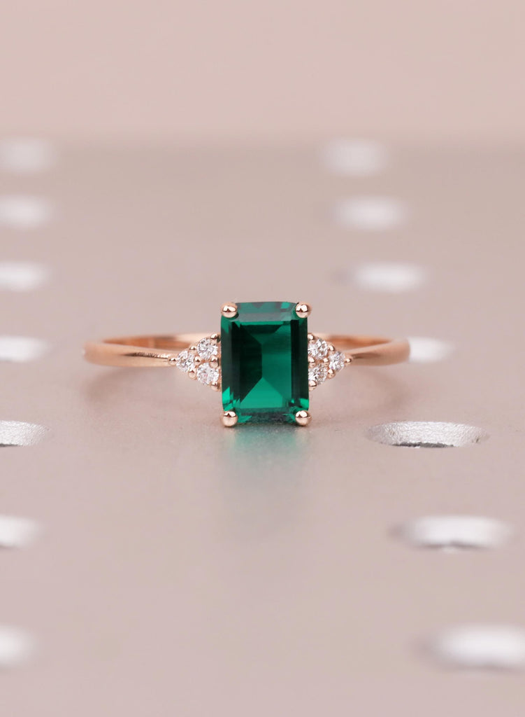 Rose Gold Emerald Cut Emerald Engagement Ring with Diamond Accents image #4