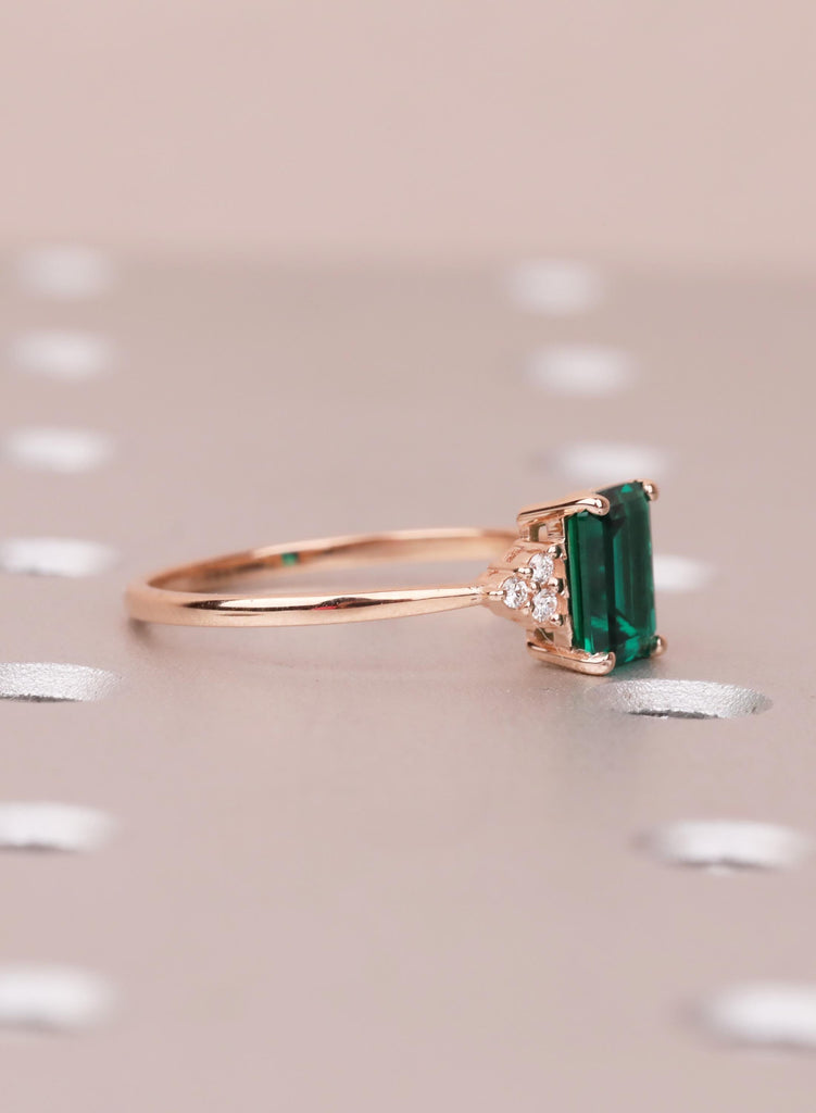 Rose Gold Emerald Cut Emerald Engagement Ring with Diamond Accents image #5