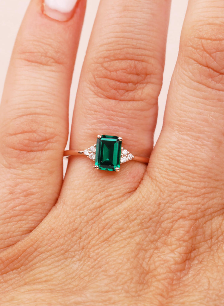 Emerald Cut Lab Created Emerald Ring, 14K 18K Rose Gold, Dainty Engagement Ring, May Birthstone Gift for Her, Diamond Accent Promise Ring image #14