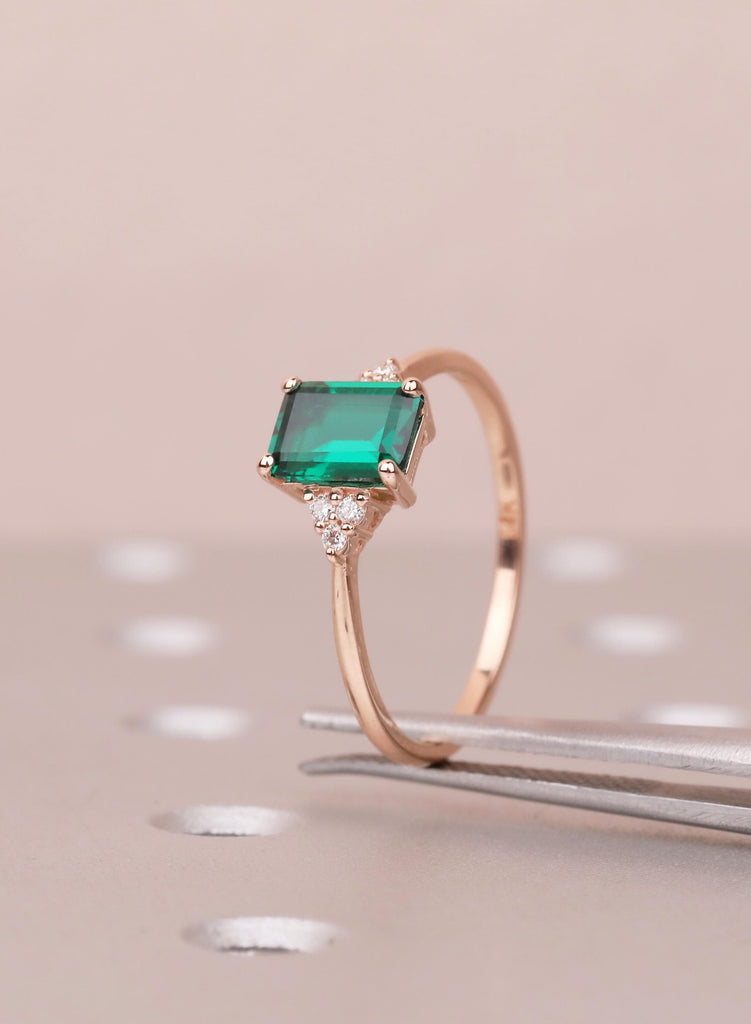 Rose Gold Emerald Cut Emerald Engagement Ring with Diamond Accents image #2