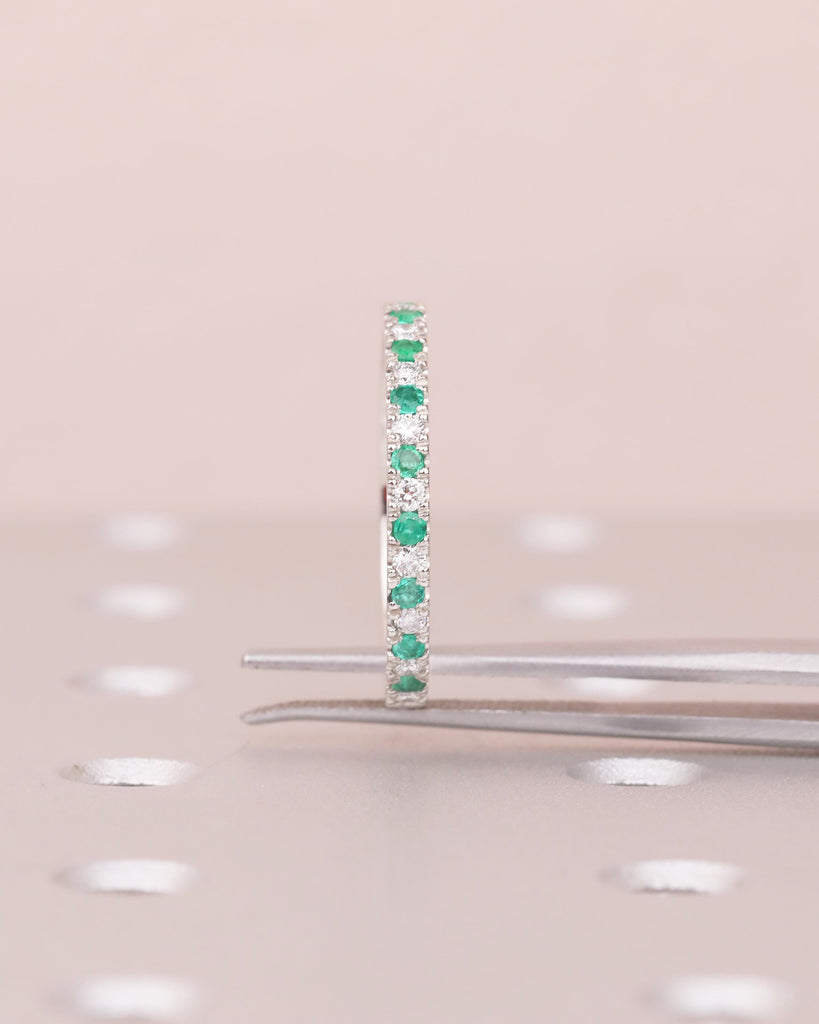 Emerald Diamond Wedding Band Women, Platinum Half Eternity Ring, Dainty Wedding Band, Green Gemstone Jewelry, Unique May Birthstone Rings image #3